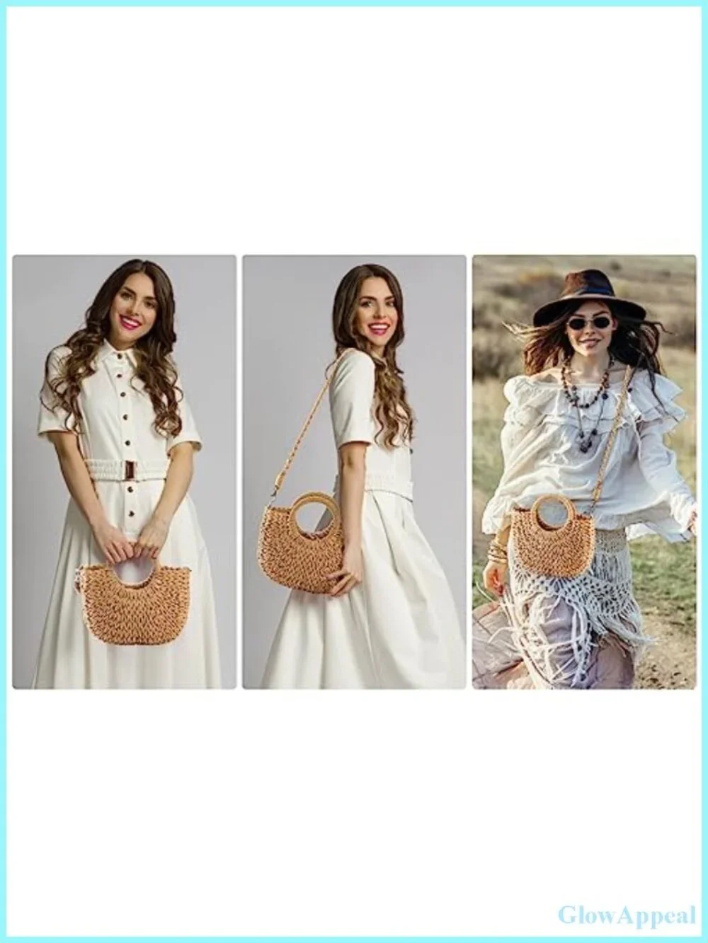 Boho Straw Handbag Semi-Circle Rattan Tote with Drawstring Closure
